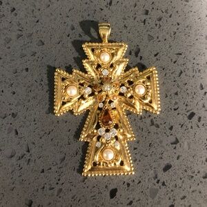 Rhinestone Faux Pearl Large Pendant Cross Signed Olivia Riegel